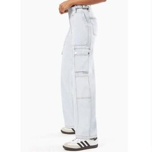 weworewhat denim straight cargo light wash buckle pants